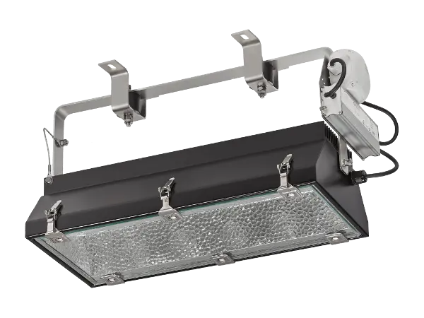 Kranleuchte PSH-2653 / PSH-2657 mit rechteckigem Glasdiffusor, schwarzem Gehäuse und seitlicher Metallhalterung zur Montage an einem Kran oder Trägersystem.