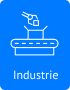 Icon mit Industriesymbol: stilisierter Roboterarm über einem Förderband in Weiß auf blauem Hintergrund; Beschriftung „Industrie“.