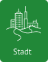 Icon mit stilisierter Stadt-Skyline: mehrere Gebäude in Weiß auf grünem Hintergrund, darunter eine geschwungene Linie als Weg oder Fluss; Beschriftung „Stadt“.